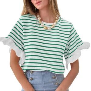 NEW Tankaneo Women Green Striped Ruffle Sleeve Casual T Shirt Crewneck, Medium
